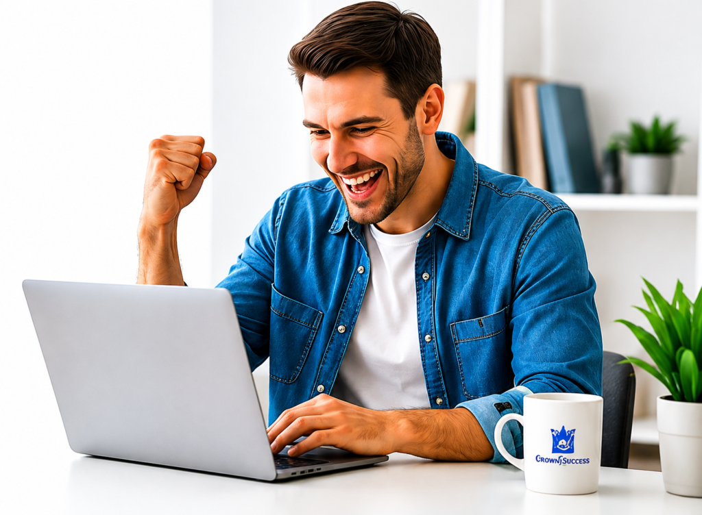 Man celebrating getting his side hustles success free ebook